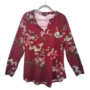 Othyroce Burgundy Floral Split Neck Top Plus Size 2XL